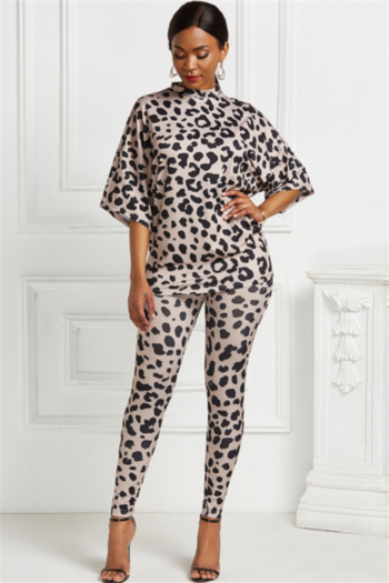 new stylish leopard batch printing elbow sleeve stretch fit casual two-piece set