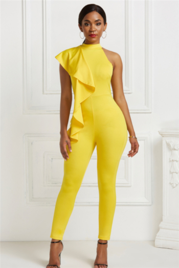 new stylish solid color four colors back zip-up ruffle stretch fit slim casual jumpsuit