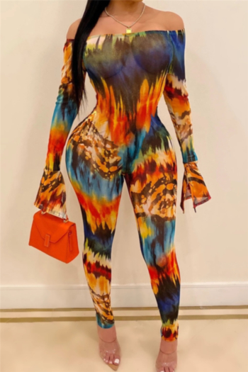 new stylish batch printing spring off shoulder mesh see through flare sleeve jumpsuit