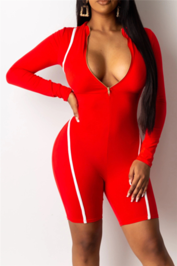 plus size new stylish solid color contrast color zip-up stretch fit slim playsuit