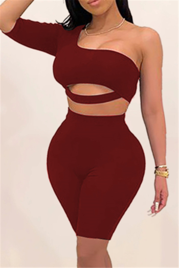 plus size new stylish solid color hollow elbow sleeve one shoulder stretch slim two-piece set