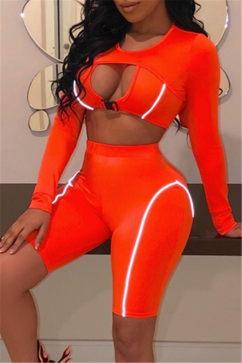 new stylish solid color hollow top with tight shorts stretch slim sexy two-piece set (non reflective)
