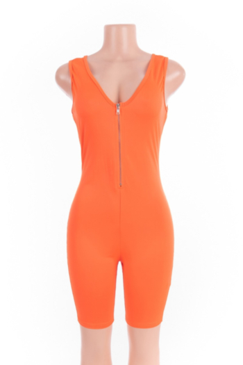 New stylish 4 colors solid color stretch zip-up silk v-neck fit slim playsuit