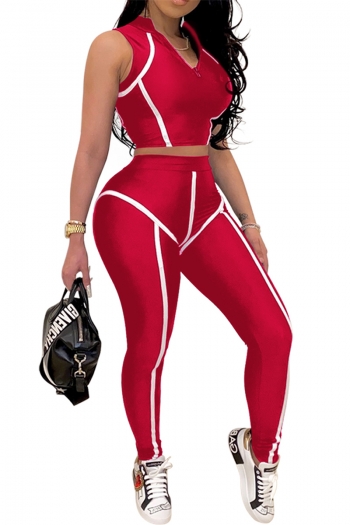 plus size new stylish 7 colors contrast color zip-up stretch tight pants slim two-piece set (new add colors)