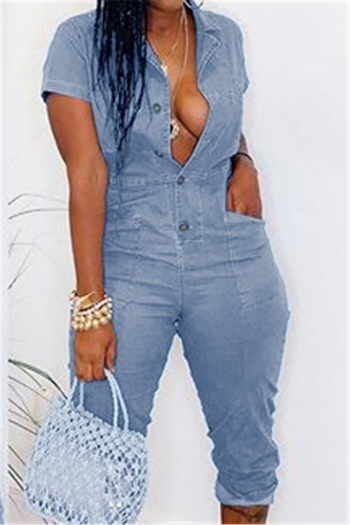 new stylish solid color single breasted denim micro elastic crop jumpsuit