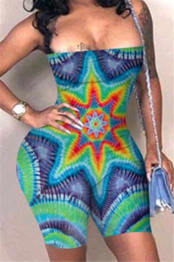 plus size multicolor batch printing lace-up open back stretch stylish playsuit