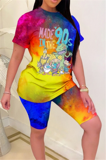 plus size tie-dye cartoon and letter printing new stylish stretch fit two-piece set