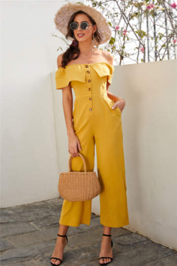 new stylish solid color off-shoulder single breasted wide leg casual jumpsuit