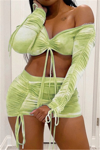 plus size new stylish batch printing pleated laced v-neck stretch two-piece set (new add colors)