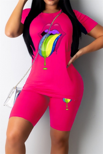 plus size new stylish lip printing with tight shorts stretch casual two-piece set