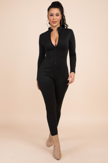 plus size new stylish solid color zip-up tight stretch long sleeve jumpsuit