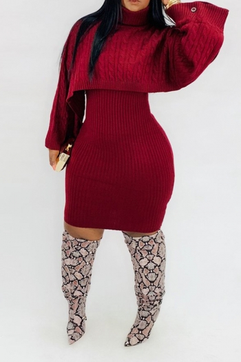 plus size four colors autumn new high neck sweater with slim fit dress stretch two-piece set