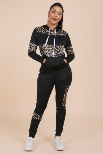 plus size new stylish hooded leopard splice pockets slim fit stretch two-piece set
