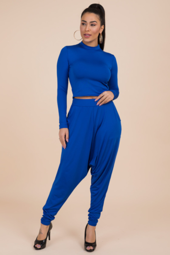 plus size three colors new stylish pockets slim fit short tops with harem pants stretch two-piece set