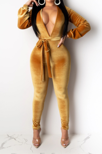 autumn new stylish three colors deep v neck backless velvet tight stretch jumpsuit(with belt)