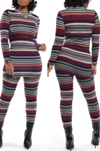 winter new stylish multicolor stripe batch printing slim fit stretch knit two-piece set