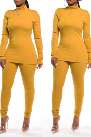 plus size eight colors autumn new stylish solid color high neck slim fit micro-elastic two-piece set