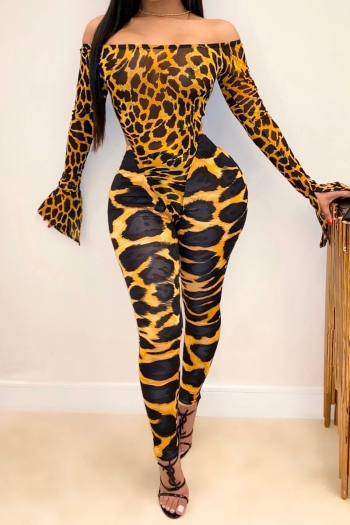 new plus size strapless flare sleeve bodysuit high waist tight pants stretch leopard two-piece set