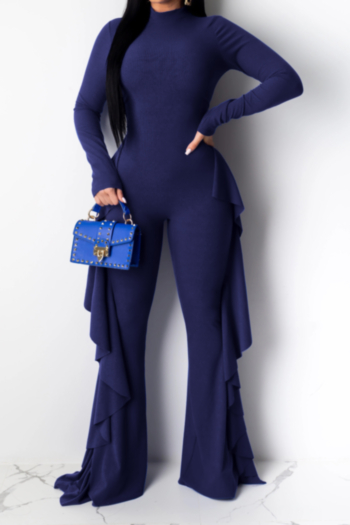 New stylish three colors ruffle splice solid color tight stretch jumpsuit