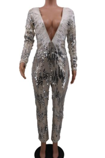 New stylish plus size deep v neck backless splice lining stretch sequin feather jumpsuit
