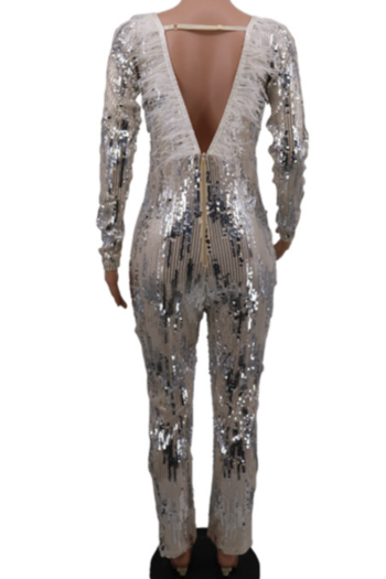 New stylish plus size deep v neck backless splice lining stretch sequin feather jumpsuit
