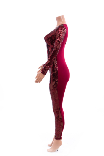 New stylish plus size four colors mesh see through floral pattern sequin stretch tight jumpsuit(No lining)