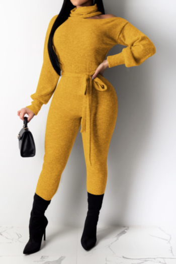 Winter new stylish high neck tight stretch solid color simple jumpsuit(With belt)