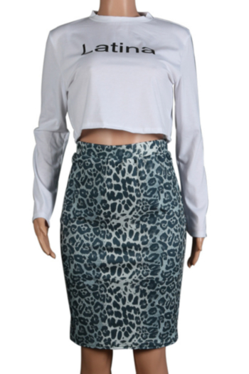 New stylish four colors plus size letter print short T-shirts with leopard skirt stretch two-piece set