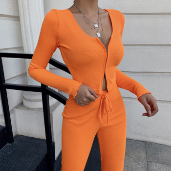 New stylish zip-up solid color slim slit high waist micro-elastic knit two-piece set