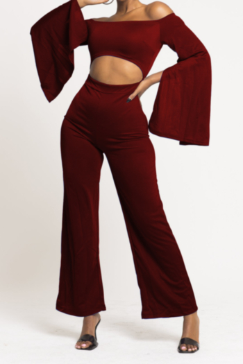 new stylish five colors plus size strapless flare sleeve hollow zip-up slim stretch bell jumpsuit