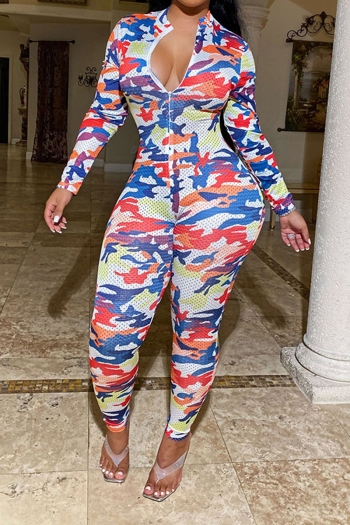 new stylish plus size multicolor camo batch printing tight stretch zip-up jumpsuit
