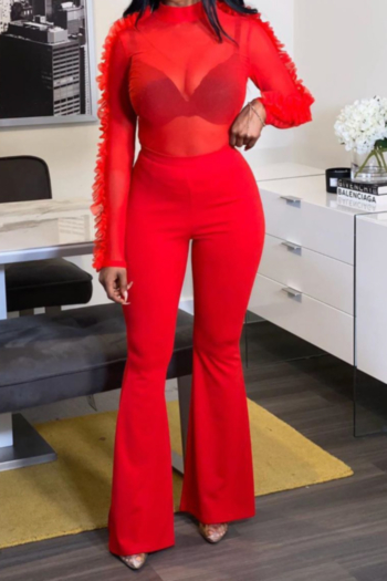 new stylish plus size mesh see through splice ruffle tops with bell-bottoms stretch two-piece set