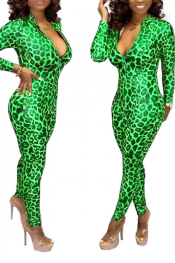 new stylish plus size three colors tight zip-up leopard stretch jumpsuit