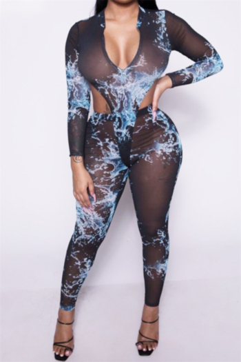 three colors digital print stretch see through mesh zip-up tight sexy two-piece set (without lining)