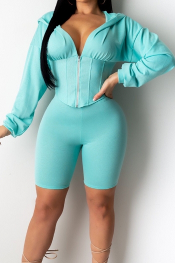 plus size solid color stretch waist-control zip-up hoodie with shorts stylish two-piece set