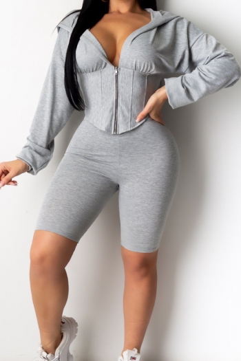 plus size solid color stretch waist-control zip-up hoodie with shorts stylish two-piece set (new added colors)