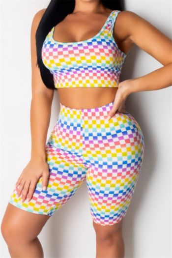 plus size multicolor lattice print stretch low-cut tight stylish sports two-piece set