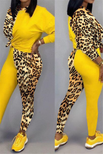 two colors leopard spliced stretch sports stylish two-piece set