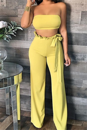 solid color tube top with high waist  belted trousers stylish sexy stretch two-piece set