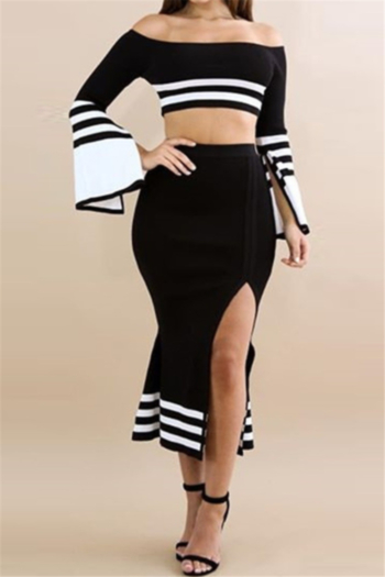 new strapless bell-sleeve back zip-up tops with slit skirt sexy stylish stretch two-piece set