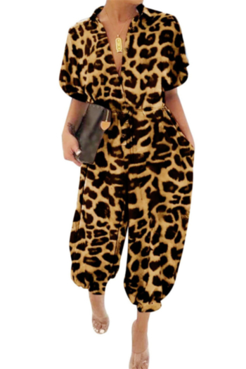 leopard print inelastic turndown collar pockets elegant stylish jumpsuit with belt