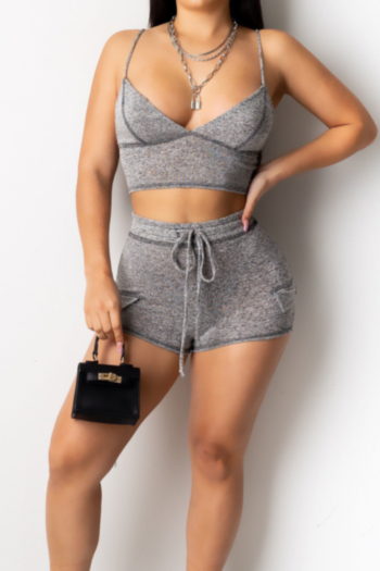 solid color sling vest with lace-up shorts sexy sports stretch two-piece set