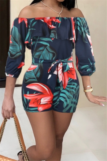 new flowers and leaves print stretch strapless ruffle stylish fit playsuit with belt