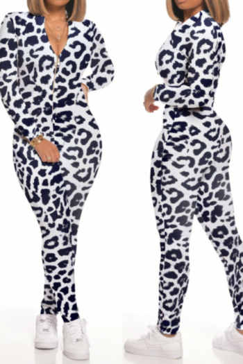plus size leopard printed stretch zip-up sports stylish slim jumpsuit