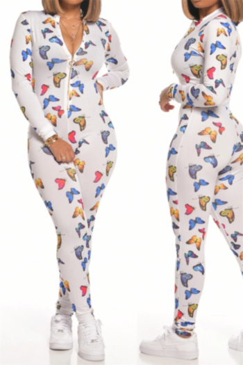 plus size colorful butterflies printed stretch zip-up sports stylish slim jumpsuit