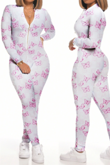 plus size pink butterflies printed stretch zip-up sports stylish slim jumpsuit