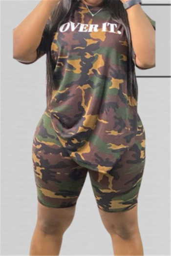 new oversize camo and letters print stylish sports stretch two-piece set