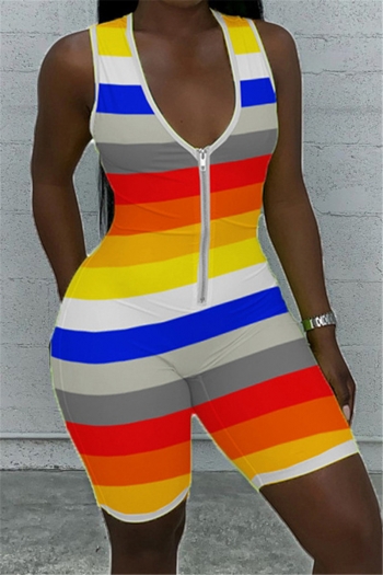 new multicolor stripes print stretch zip-up stylish slim playsuit
