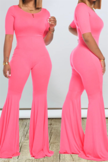 new plus size solid color stretch round-neck stylish flare jumpsuit