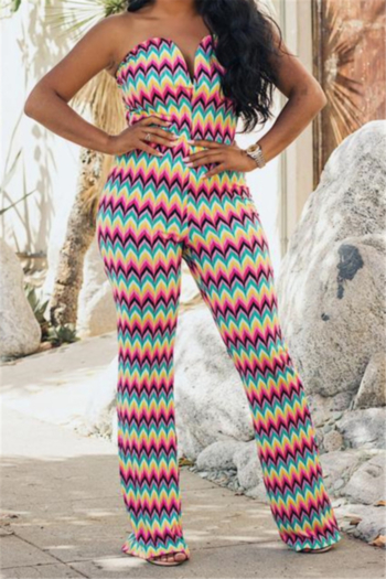 new plus size wavy stripes print stretch tube top stylish slim jumpsuit